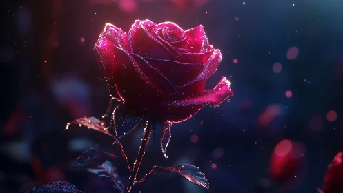 Luminous Magenta Rose with Crystalline Frost Against Dark Bokeh.