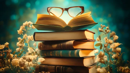 Story-soaked glasses hover above blossoms and glowing books