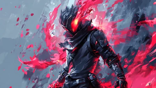 Hooded figure with red energy in abstract digital scene.