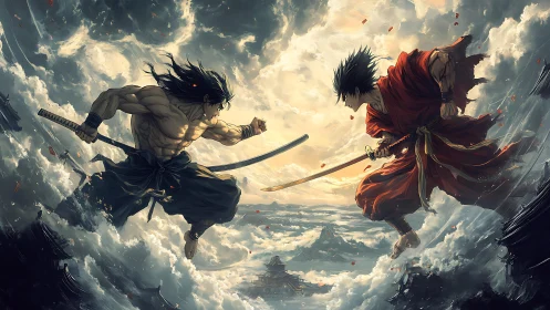 Dynamic samurai duel amid storm-laden sky in anime style.