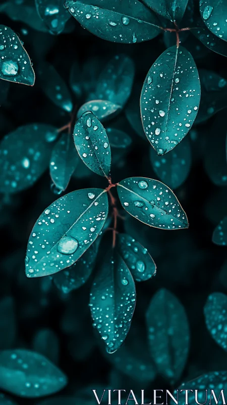 Teal foliage macro with raindrops on elliptical leaves, bokeh field