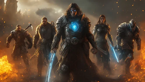 Emberlit heroes stride through battle with glowing resolve.