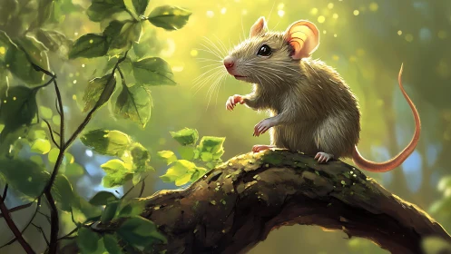 Curious forest mouse pauses on a sunlit mossy branch