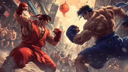 Two rival street warriors clash in a dramatic marketplace showdown