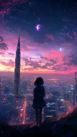Silhouetted girl observes illuminated city under dual moons