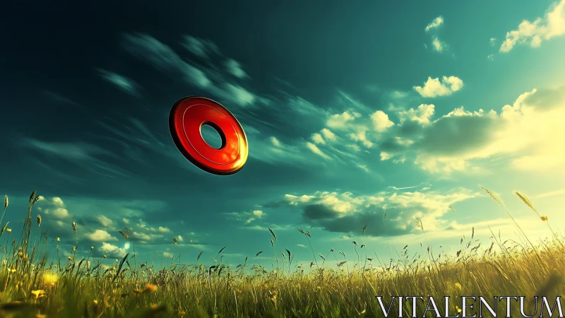 Warm sunset meadow with a playful red ring in flight.