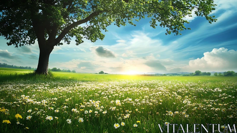 Sunlit meadow with single tree overlooks distant rural horizon