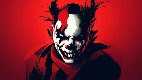 Crimson-limned demon jester grins through splintered shadows