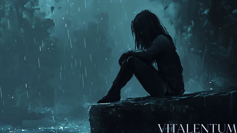 Solitary figure sits in cold rain, wrapped in silent grief