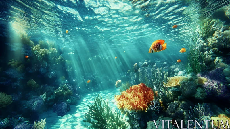 Sunlit coral kingdom where striped reef fish drift in silence.