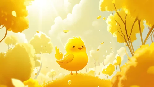 Luminous Avian Specimen in Chromatic Golden Landscape Environment.