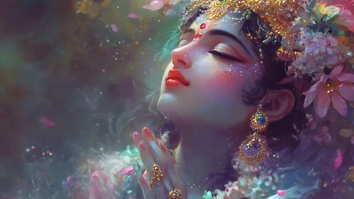 Prayerful dreamer inhales starlight through jeweled blossoms