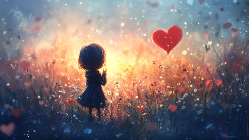 Silhouetted figure holding red heart balloon in field.