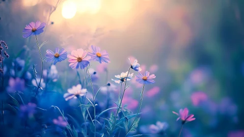 Cosmos flowers in soft light with blurred background field.