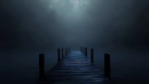 Linear wooden pier vanishing into fog-diffused nocturnal backlight