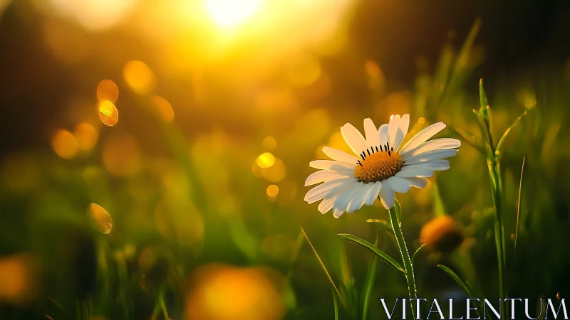 Single daisy glowing in warm golden summer backlight.