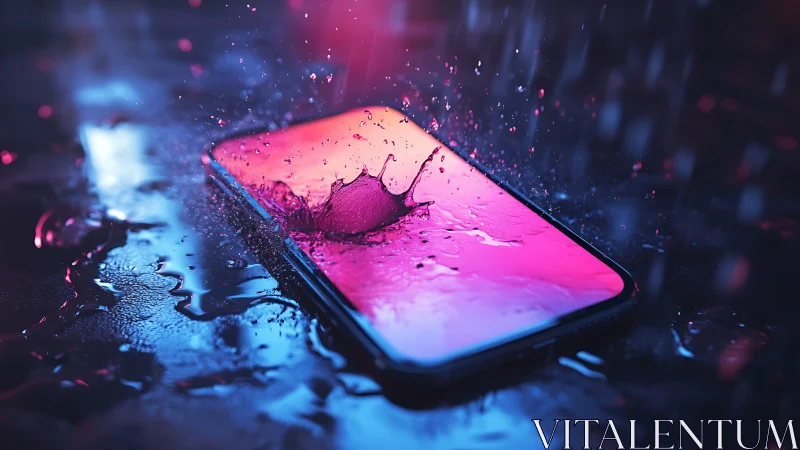 Neon smartphone splash with dynamic water impact lighting.