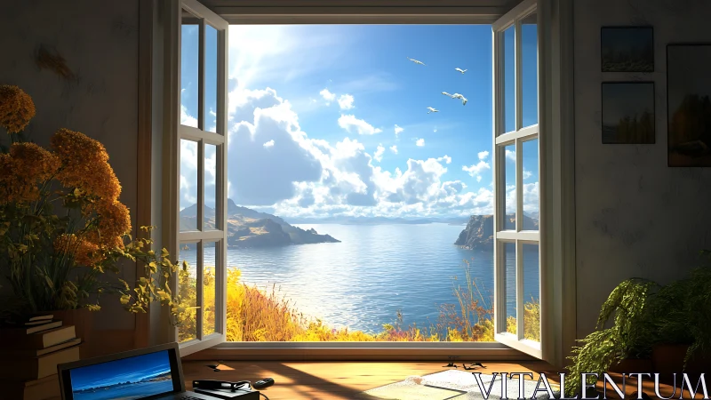 Open window interior with coastal sea and distant cliffs.