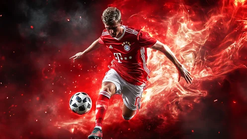 Soccer player drives ball through blazing red energy vortex