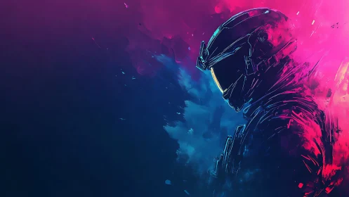 Neon-splashed space rider in moody dual-color profile.