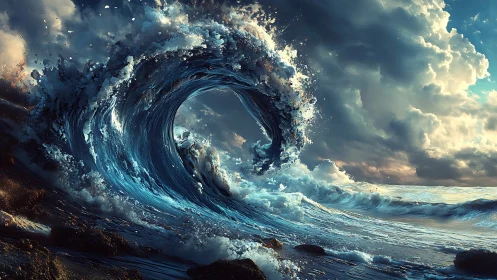 Oceanic wave curl under dense cumulonimbus cloud cover.