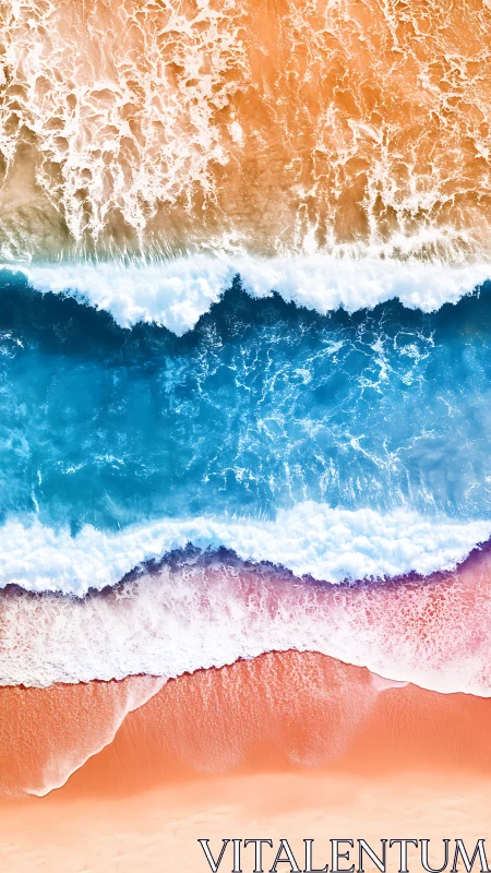 Vertical aerial seascape with layered pastel surf bands.