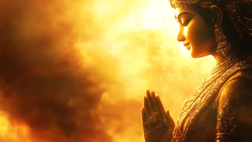 Golden goddess in peaceful prayer amid glowing light.