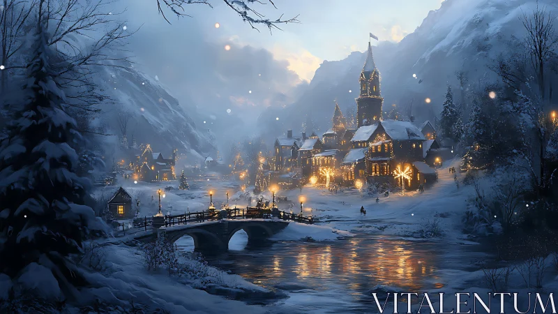 Snowy alpine village dusk scene with glowing lantern bridge.
