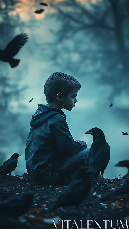 Solitary boy sits among watchful crows in misty forest dusk