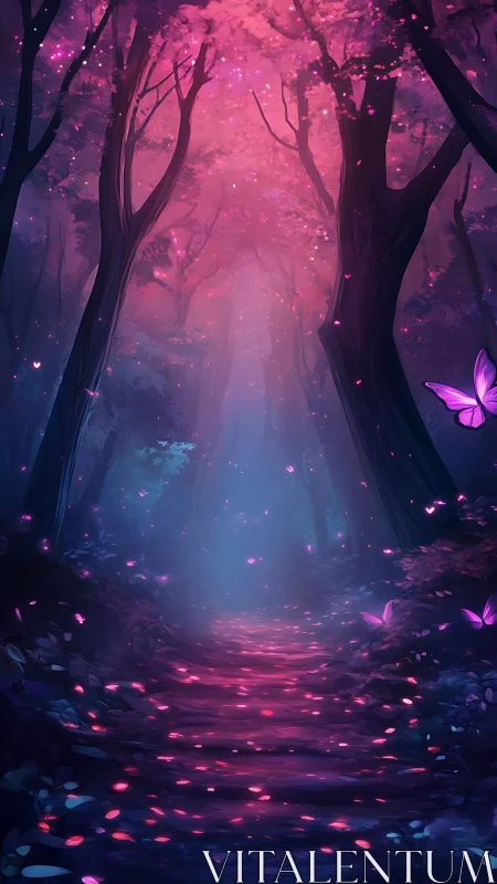 Glowing forest pathway with pink luminescent particles and purple butterflies