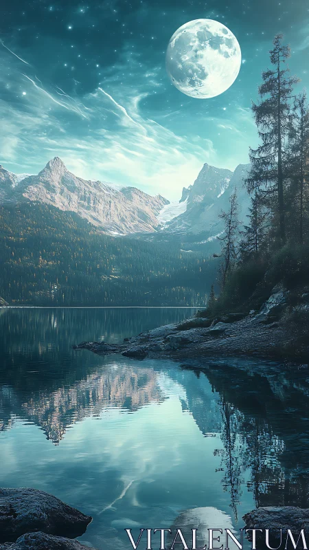 Moonlit alpine lake with mountains and forest reflection.