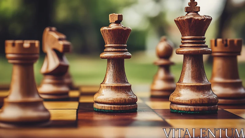 Shallow-depth outdoor macro of wooden chess royalty pieces.