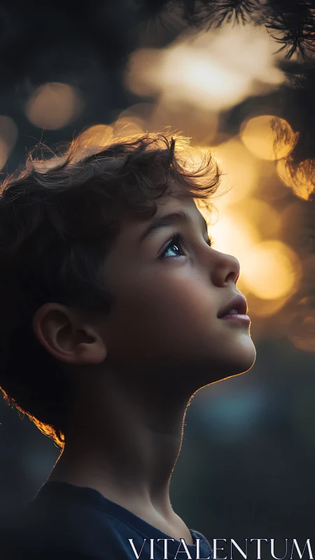 Child gazing upward toward warm golden light