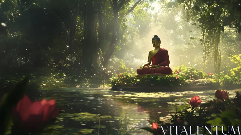Golden Buddha statue rests beside misty forest pond.