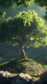 Sunlit lone tree glows softly atop a mossy forest hill