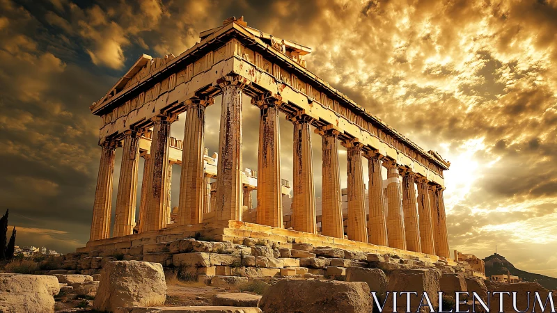 Sun-struck Parthenon leans into a storm of molten clouds