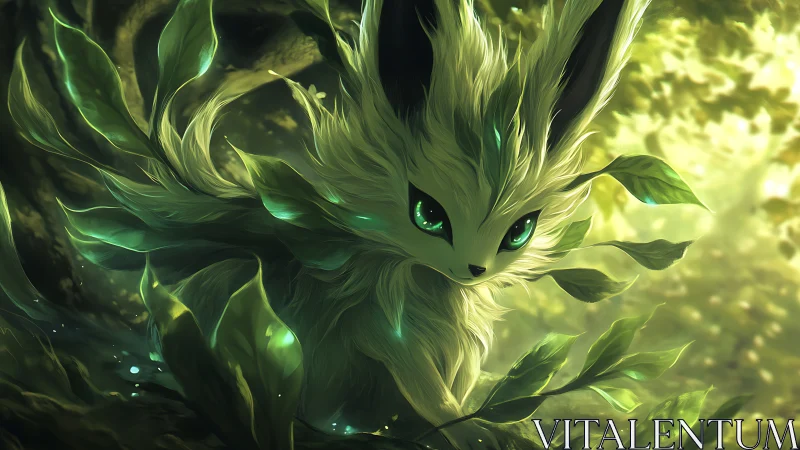 Forest spirit creature with bioluminescent leaves and eyes.