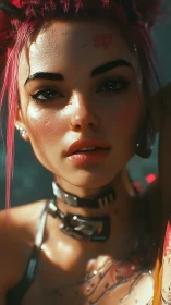 Cyberpunk portrait with pink-haired augmented rebel gaze.