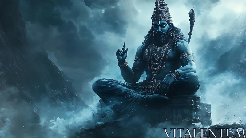 Serene blue deity in misty mountainside meditation.