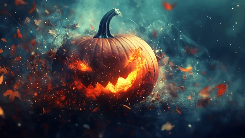 Smoldering jack o lantern amid swirling autumn embers.