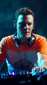 DJ in neon stage lighting focuses on live mixing performance.