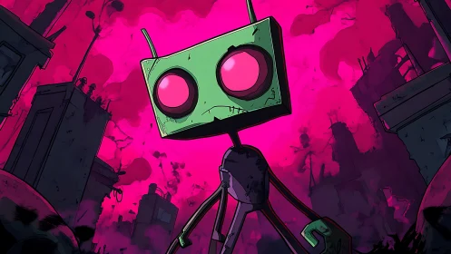 Green robot stands in ruined city under neon pink sky.