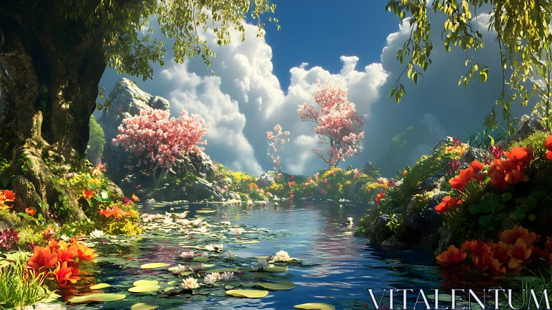 Lily-covered pond with flowering trees under cumulus clouds.