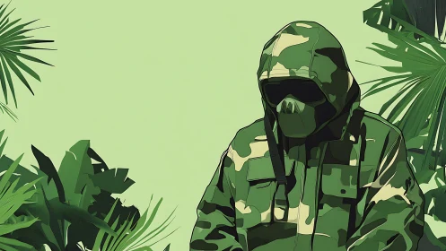 Camouflaged operator in stylized tropical foliage field study.