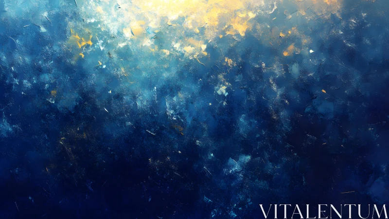 Abstract blue ocean depths with golden light, textured painting.
