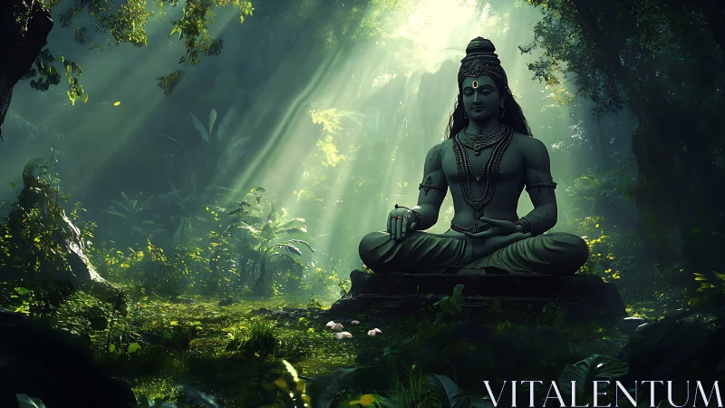 Serene stone deity statue seated in lush green forest.