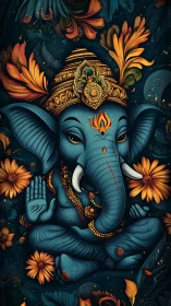Gentle blue elephant deity resting in marigold daydreams.