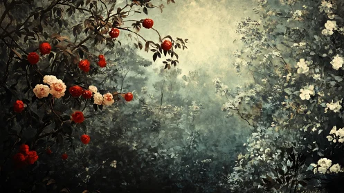 Crimson Blooms Dance Through Misty Woodland Garden Reverie