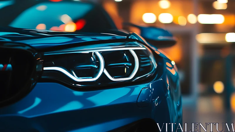 Blue sports car headlight closeup in neon city glow.