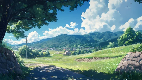 Sunlit country lane overlooking distant mountain village.